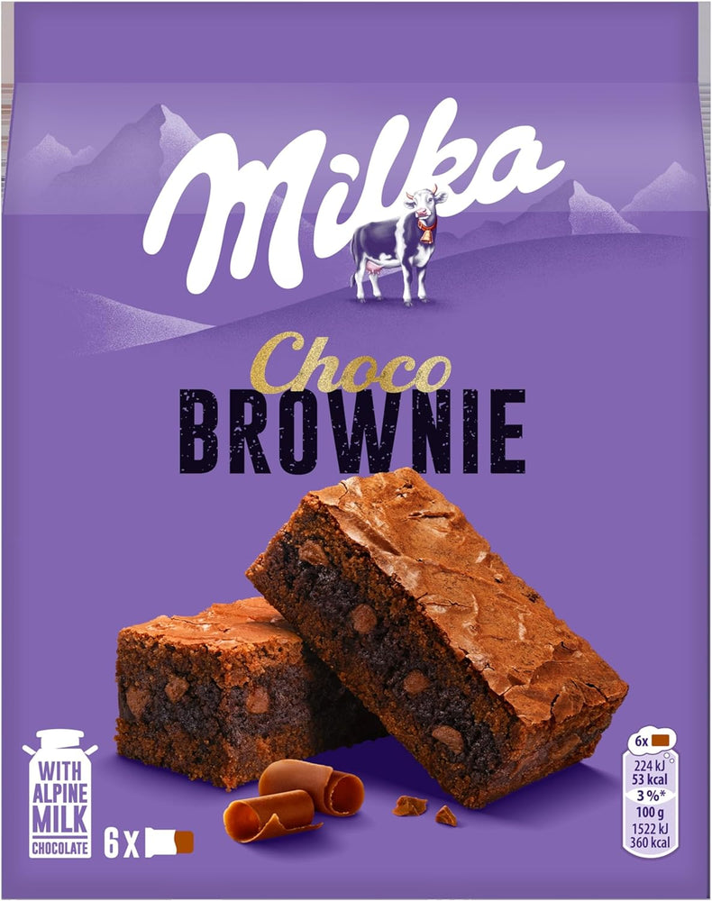 Milka, Choco Brownie, Tortina Soffice e Golosa con Golose Pepite di Cioccolato al Latte e un Cuore di Cioccolato Milka, con Latte Alpino, Cacao Sostenibile, 150g (6 merende da 25g)X 5 ASTUCCI