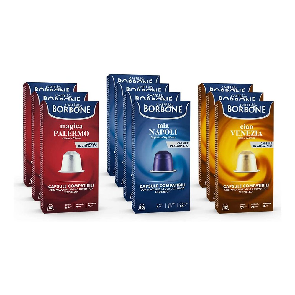 Caffè Borbone Kit Degustazione 100 Capsule ALLUMINIO: 40 Mia Napoli, 30 Ciao Venezia, 30 Magica Palermo, (10 confezioni da 10), Compatibili con le Macchine ad uso domestico Nespresso