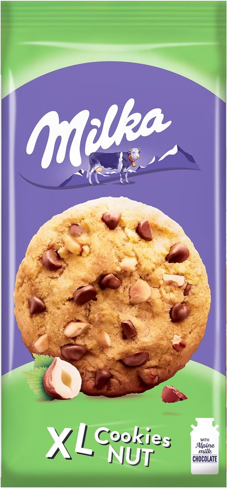 Milka, Cookies XL Nut, Biscotto Croccante con Golose Pepite di Cioccolato al Latte Milka e Nocciole Tostate, con Latte Alpino, Cacao, 184g (8 pezzi da 23g) X 6 PEZZI