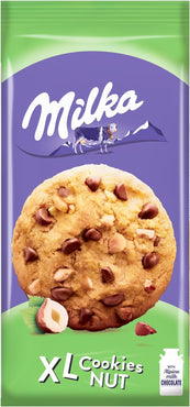 Milka, Cookies XL Nut, Biscotto Croccante con Golose Pepite di Cioccolato al Latte Milka e Nocciole Tostate, con Latte Alpino, Cacao, 184g (8 pezzi da 23g) X 6 PEZZI