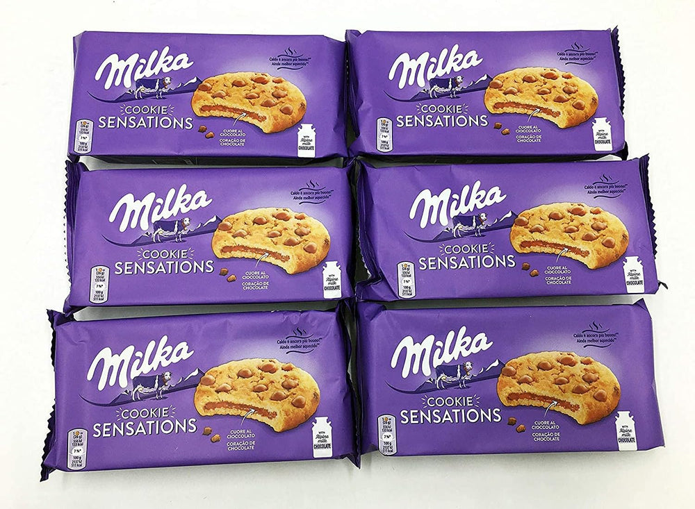 Milka, Cookie Sensations, Biscotto Croccante con Goloso Ripieno Milka e Pepite di Cioccolato al Latte, con Latte Alpino, Cacao Sostenibile, 156g X 6 PEZZI