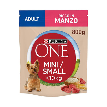 PURINA ONE Mini Crocchette Cane Adult Ricco in Manzo, con Riso, Per Cani Fino A 10 Kg - da 800 g Ciascuno