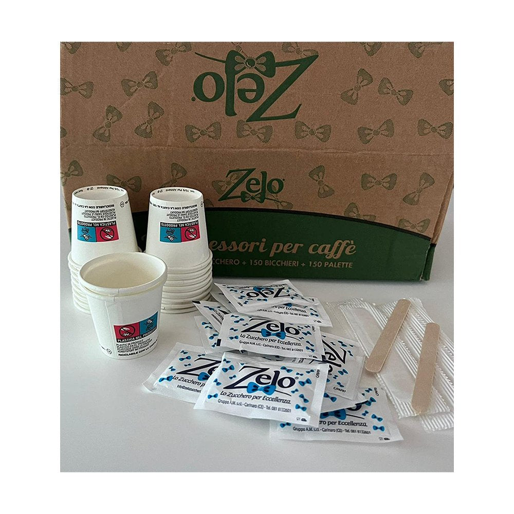 Zelo Eco Kit Accessori da caffè e Tea - 150 Zucchero eXtrafino in Bustine, 150 Palette in Legno, 150 Bicchierini Monouso Caffe in Carta